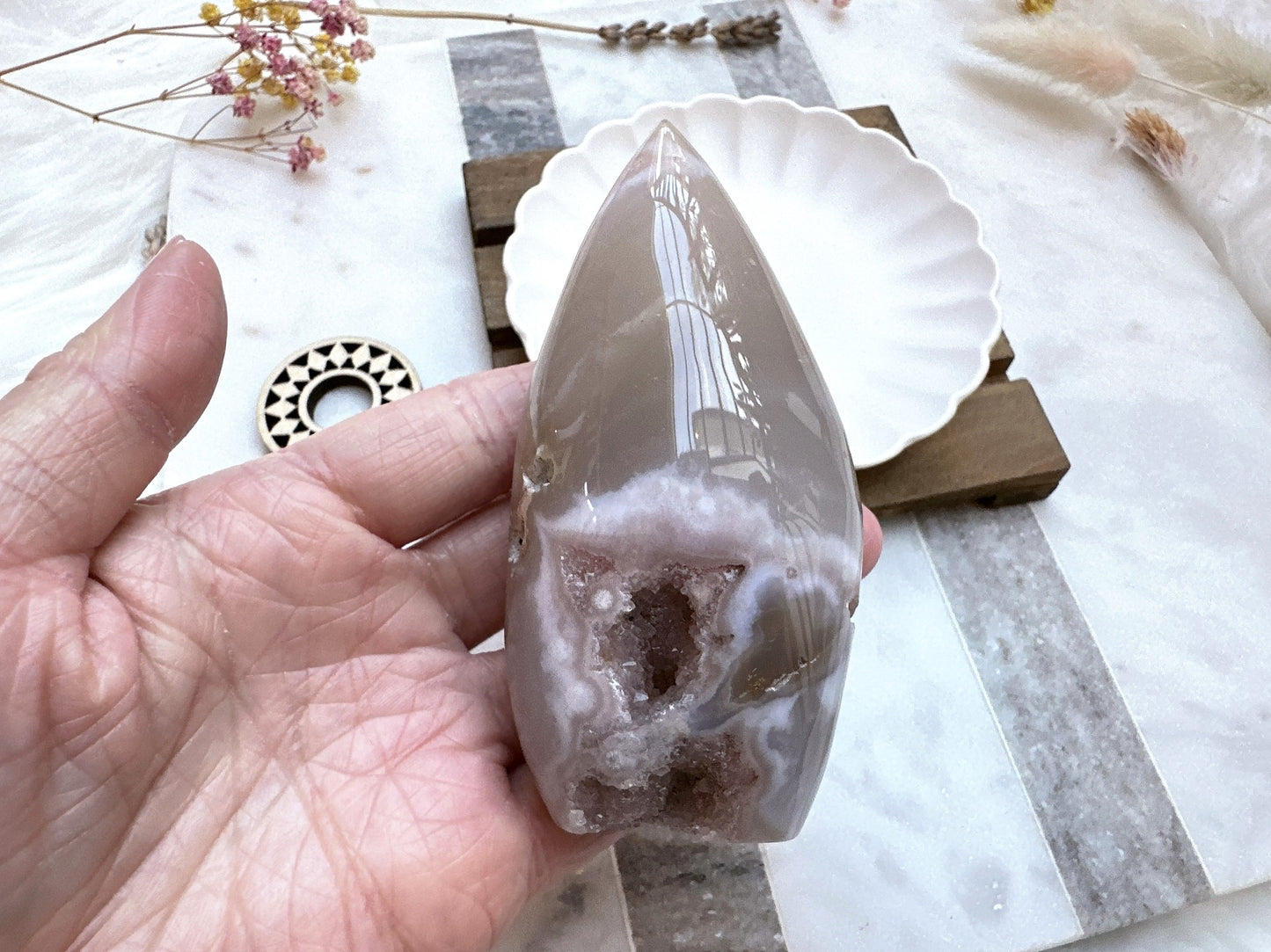 Pink Amethyst with Flower Agate Flame