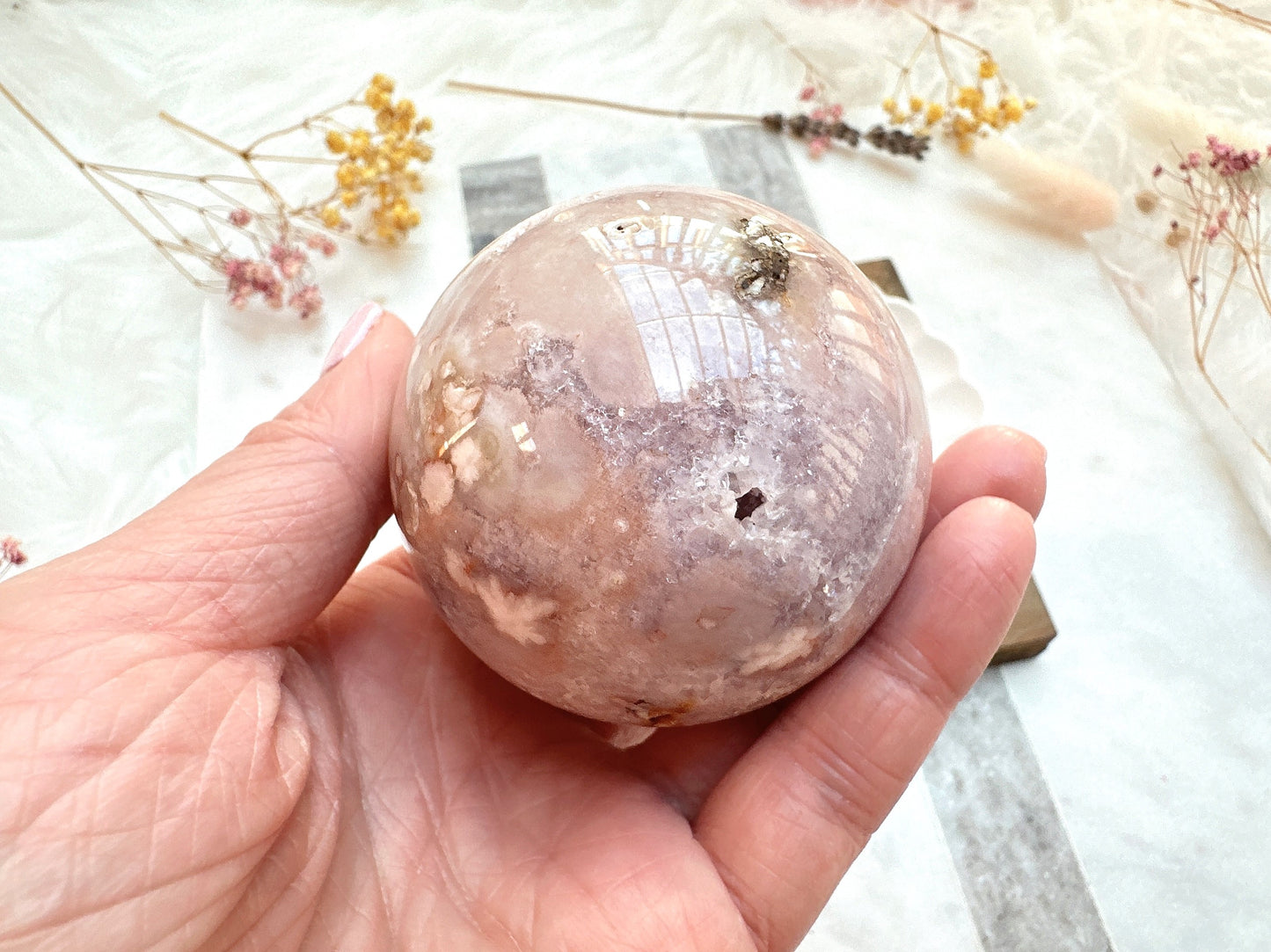 Pink Amethyst with Flower Agate Sphere