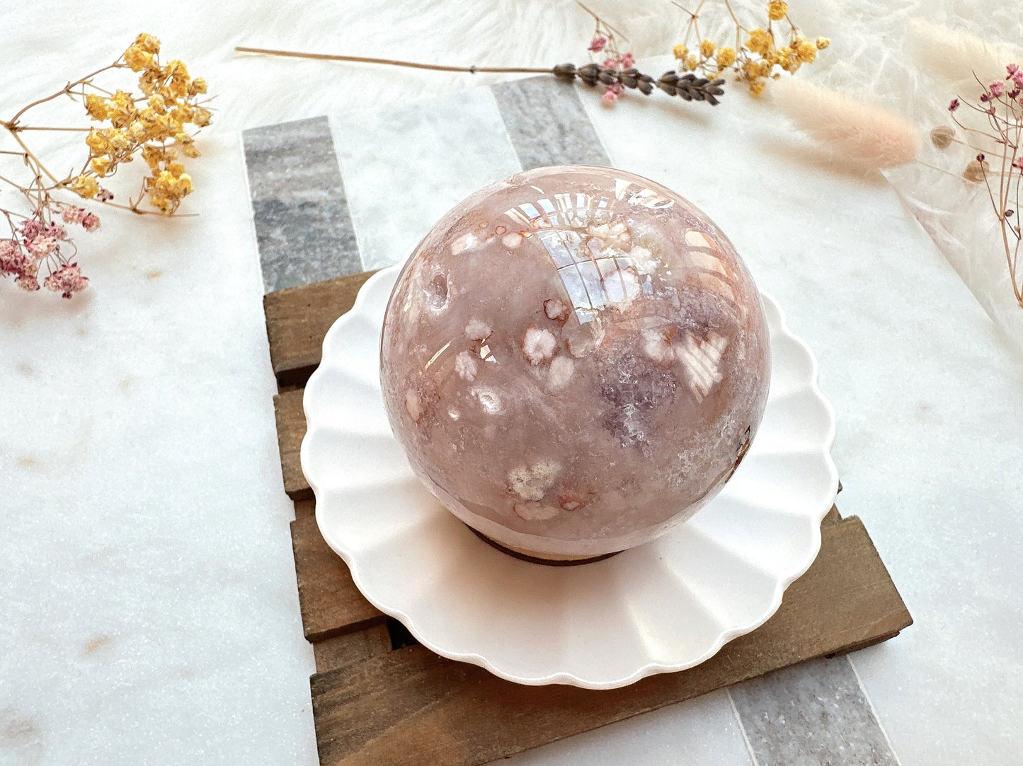 Pink Amethyst with Flower Agate Sphere