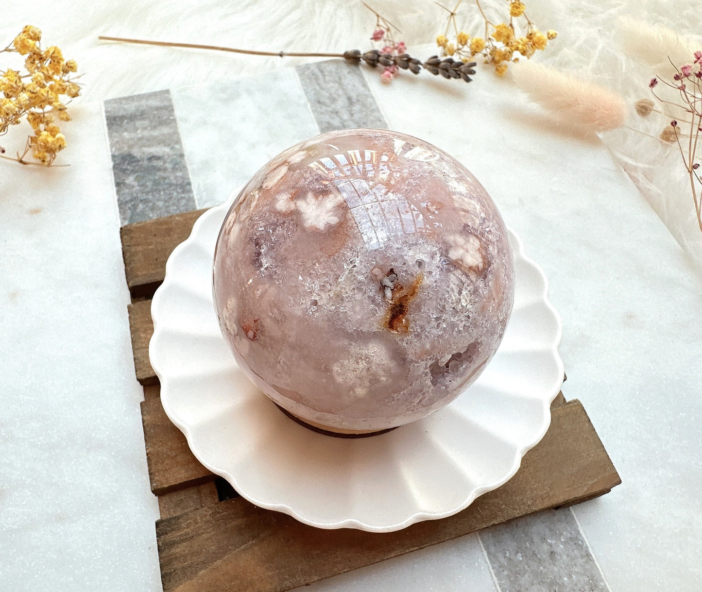 Pink Amethyst with Flower Agate Sphere