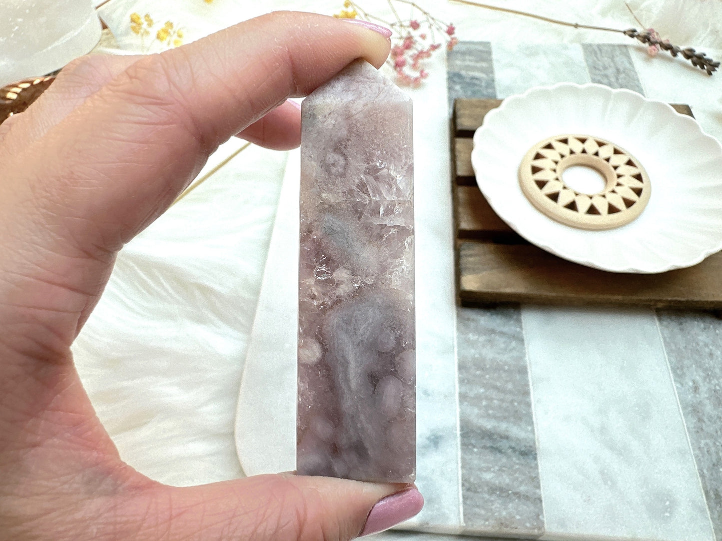 Small Pink Amethyst with Flower Agate Tower Obelisk