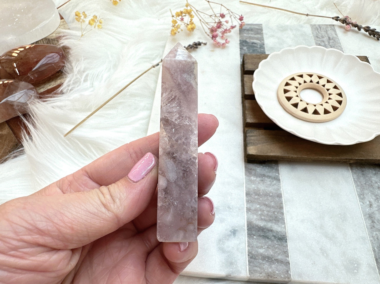 Small Pink Amethyst with Flower Agate Tower Obelisk