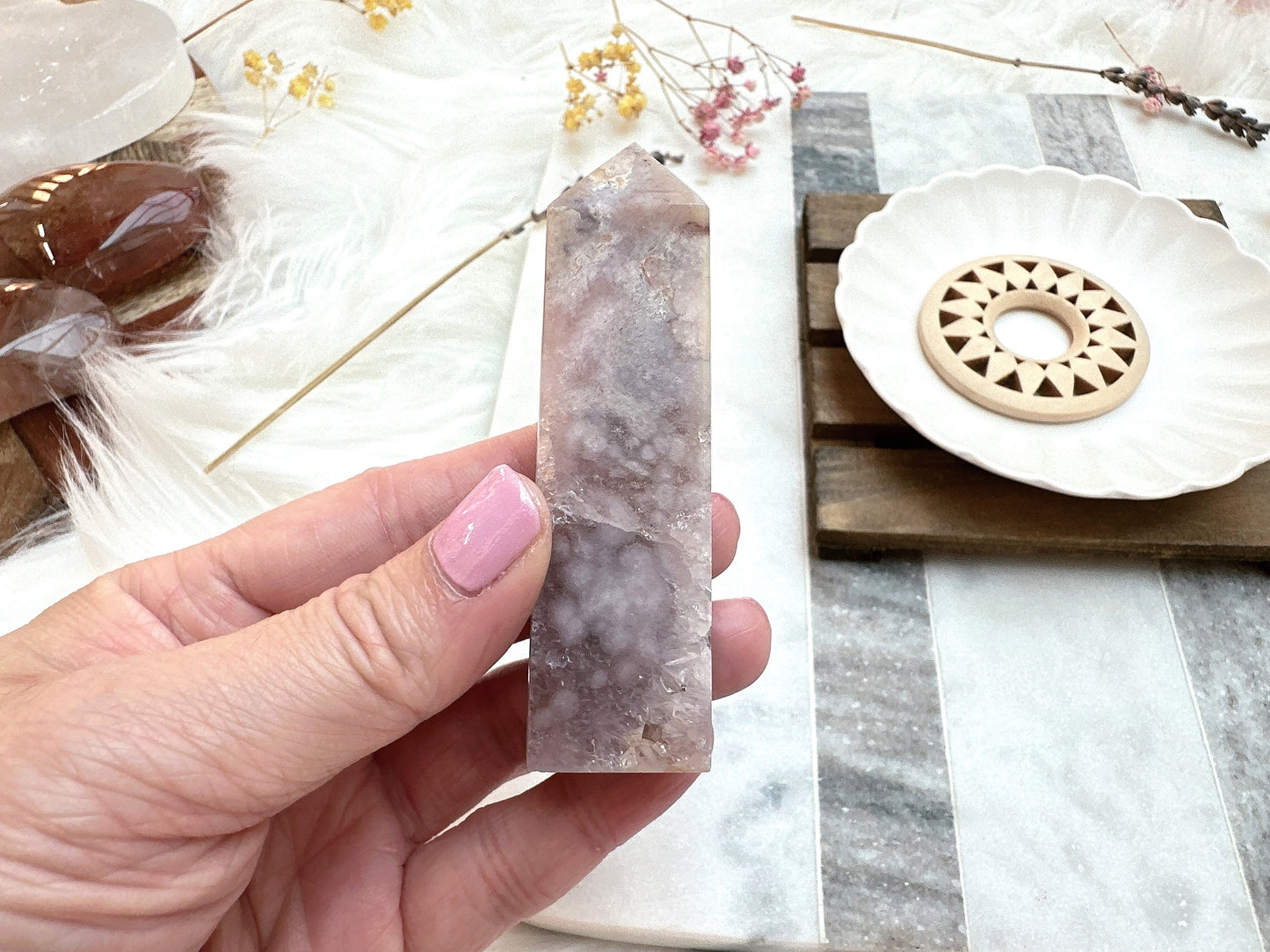 Small Pink Amethyst with Flower Agate Tower Obelisk
