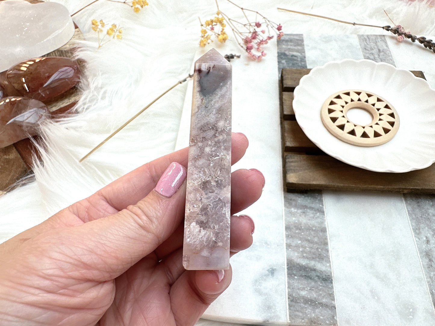 Small Pink Amethyst with Flower Agate Tower Obelisk