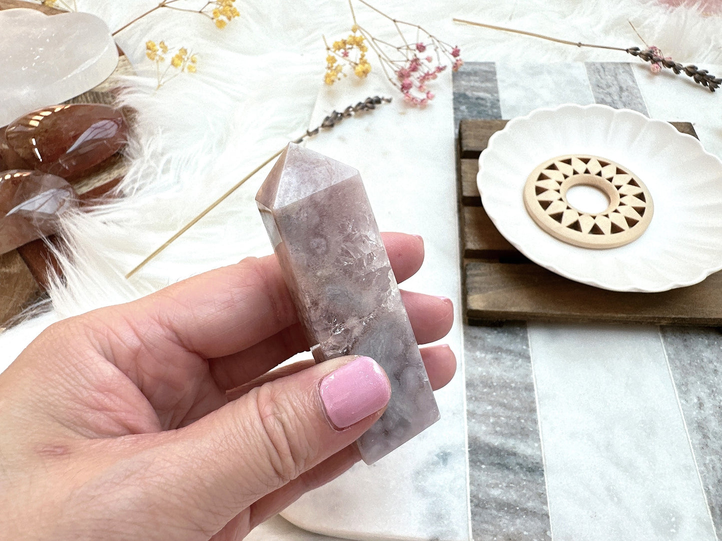Small Pink Amethyst with Flower Agate Tower Obelisk