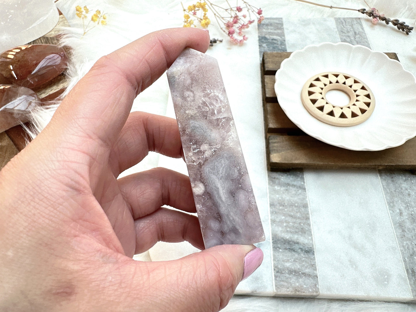 Small Pink Amethyst with Flower Agate Tower Obelisk