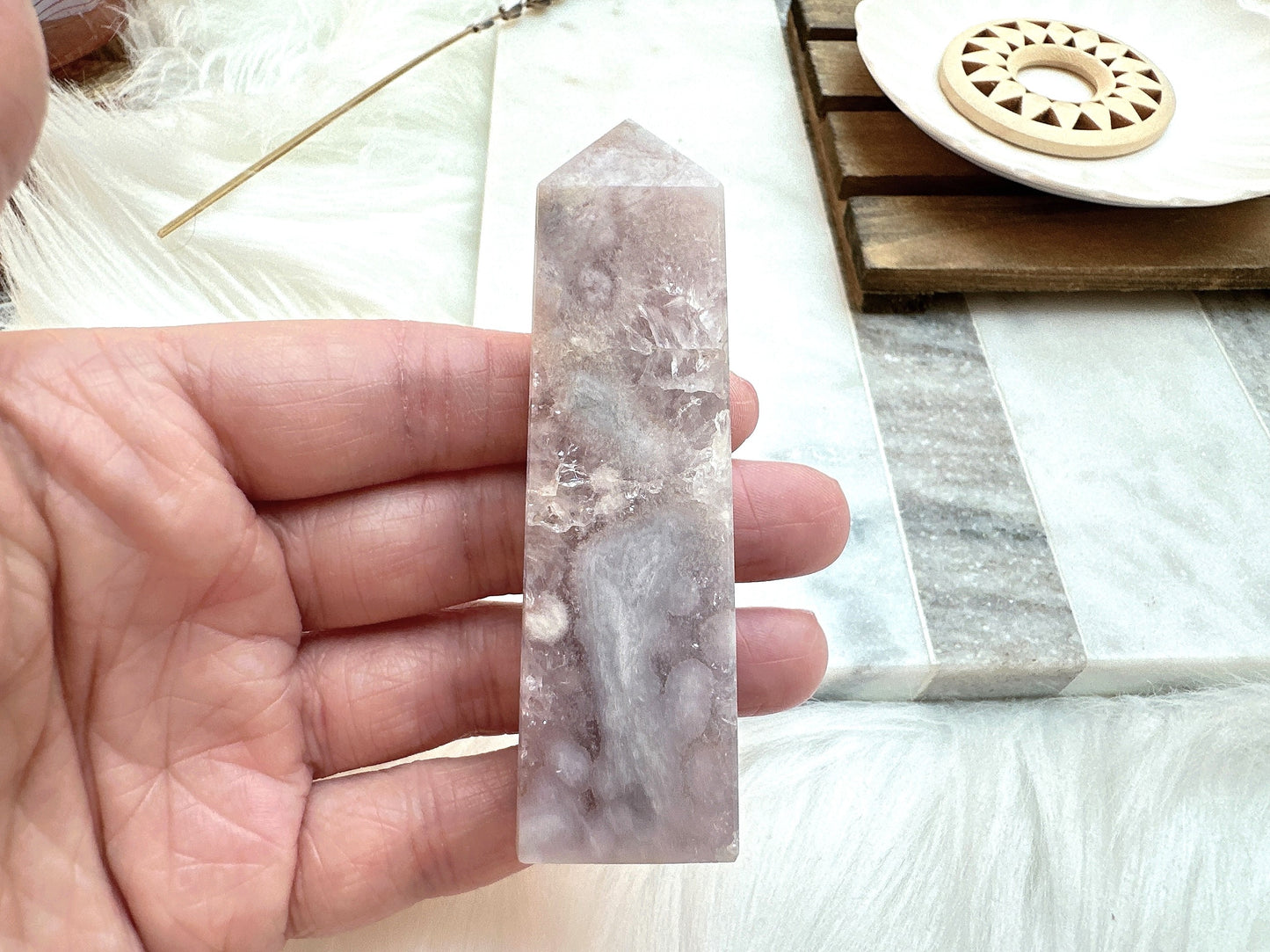 Small Pink Amethyst with Flower Agate Tower Obelisk