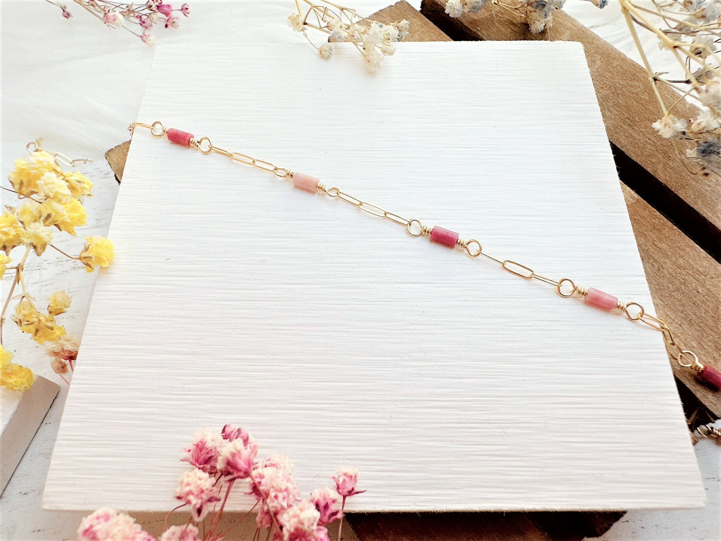 Mini Pink Rhodonite Gold Chain Anklet