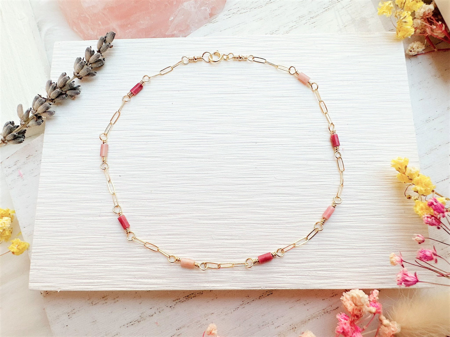 Mini Pink Rhodonite Gold Chain Anklet