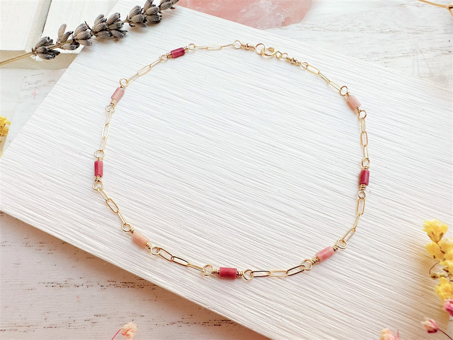 Mini Pink Rhodonite Gold Chain Anklet