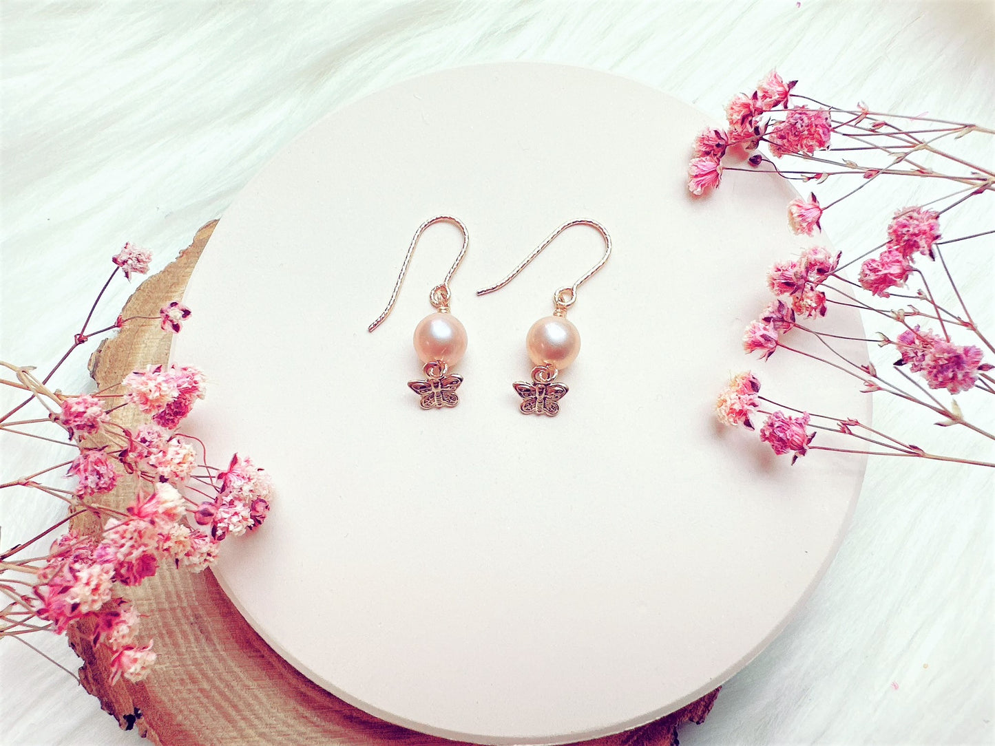 Light Purple Freshwater Pearl Earrings with Butterfly Charm