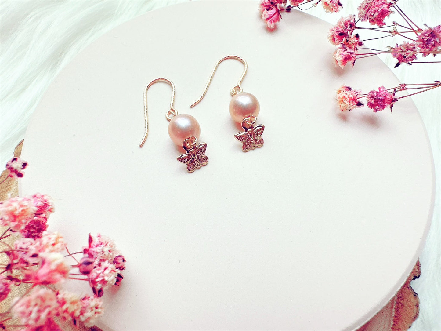 Light Purple Freshwater Pearl Earrings with Butterfly Charm