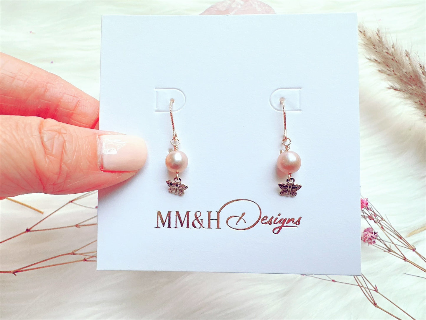 Light Purple Freshwater Pearl Earrings with Butterfly Charm