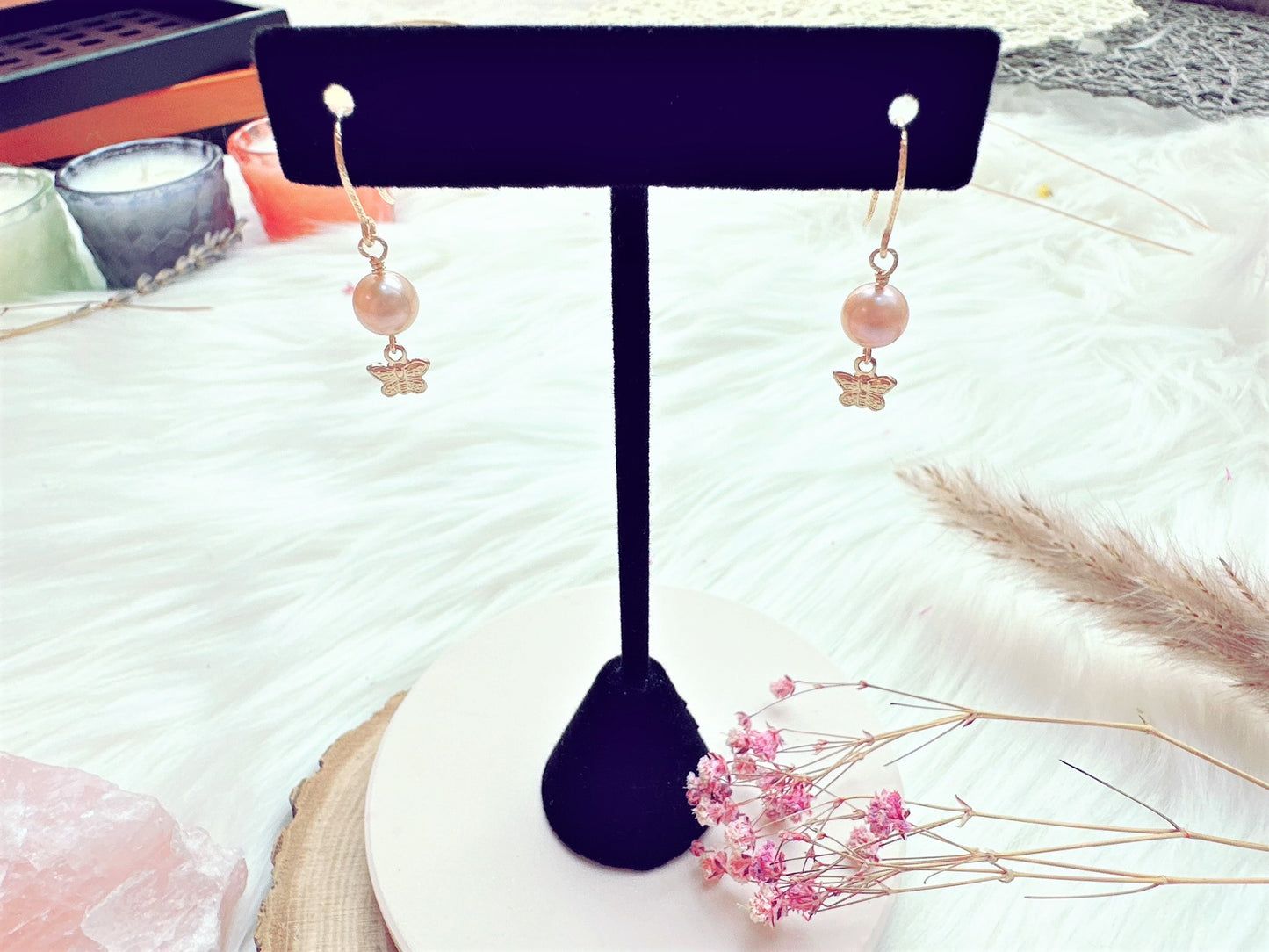 Light Purple Freshwater Pearl Earrings with Butterfly Charm