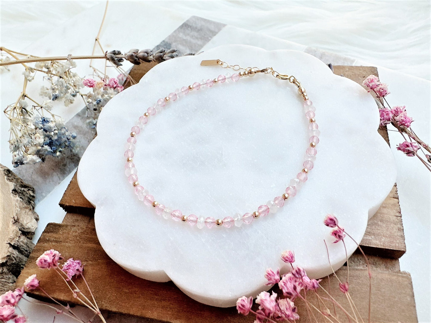 Mini Rainbow Moonstone and Pink Opal Bracelet