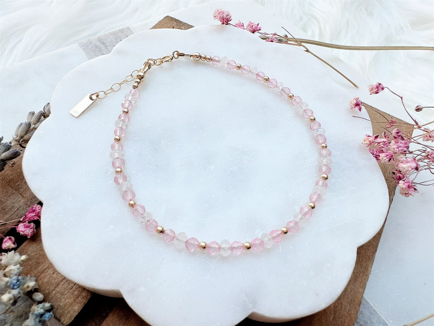 Mini Rainbow Moonstone and Pink Opal Bracelet