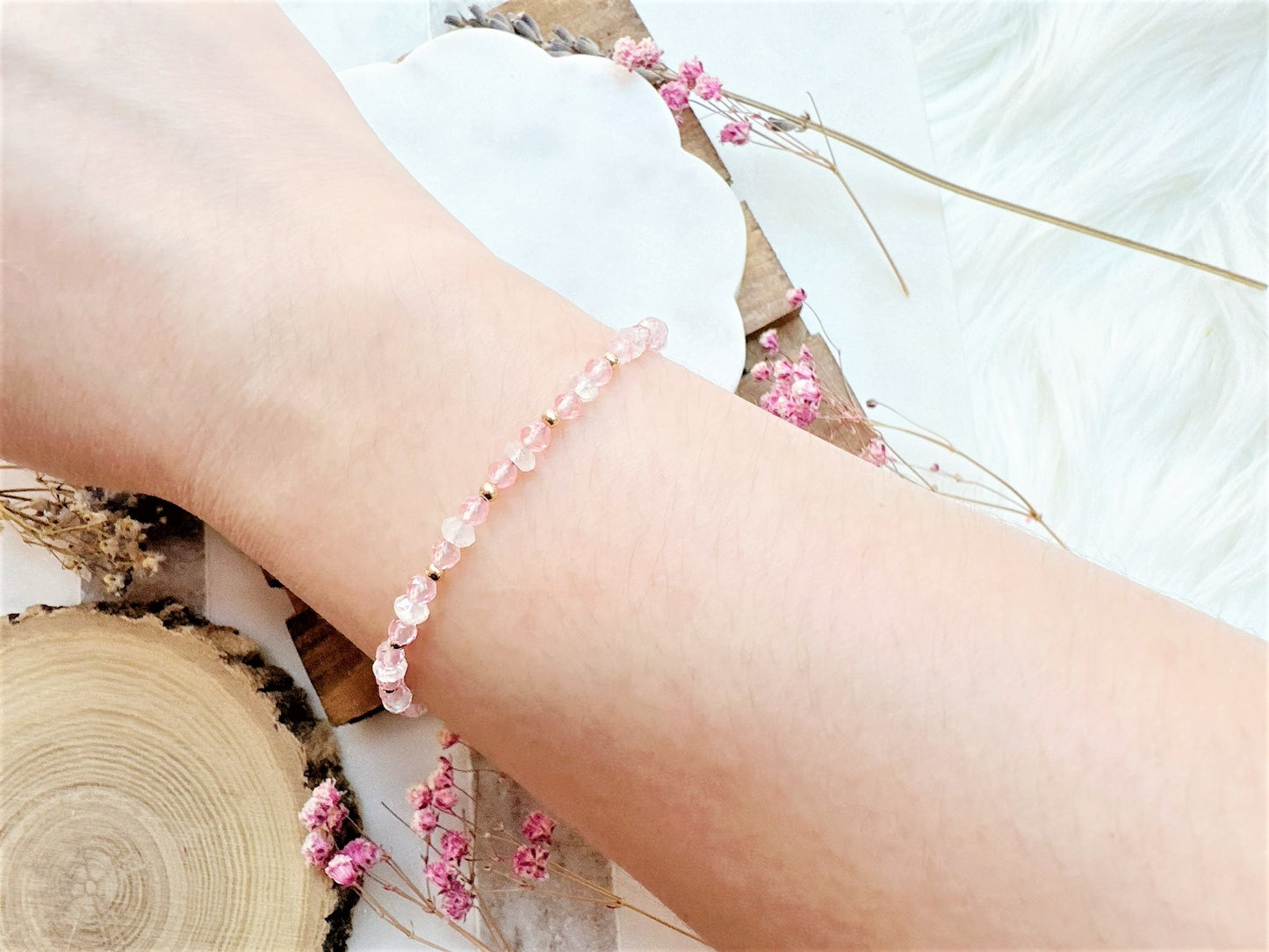 Mini Rainbow Moonstone and Pink Opal Bracelet