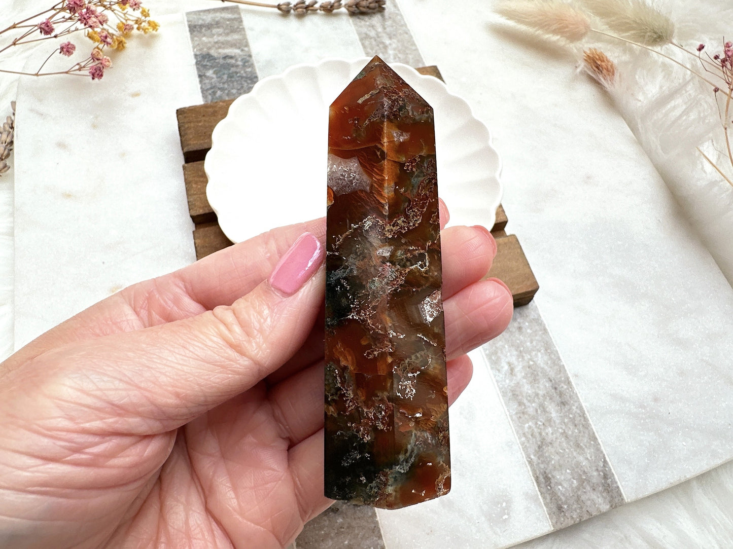 Small Red Moss Agate Tower Obelisk