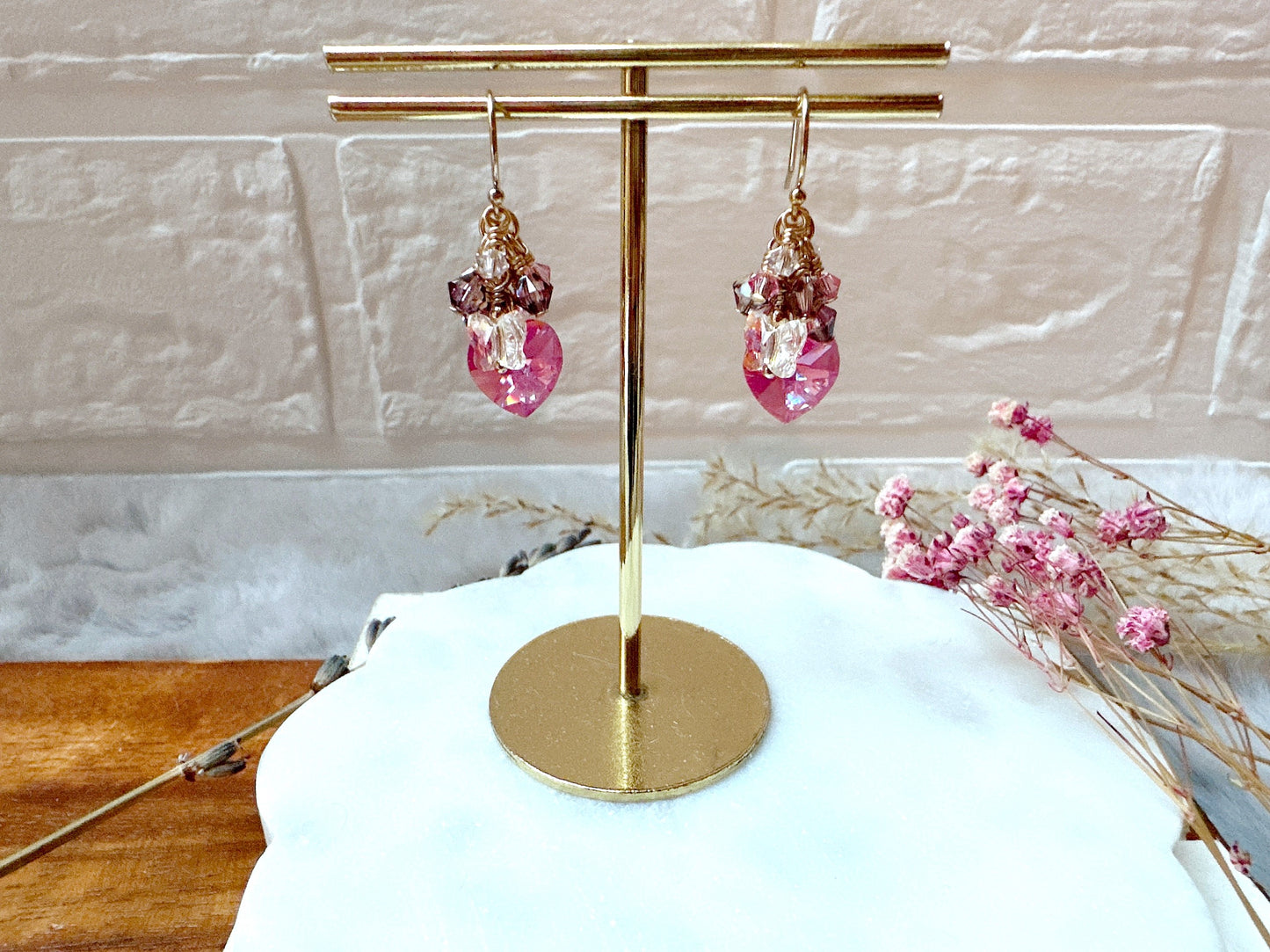 Rose AB Heart Crystal Cluster Earrings