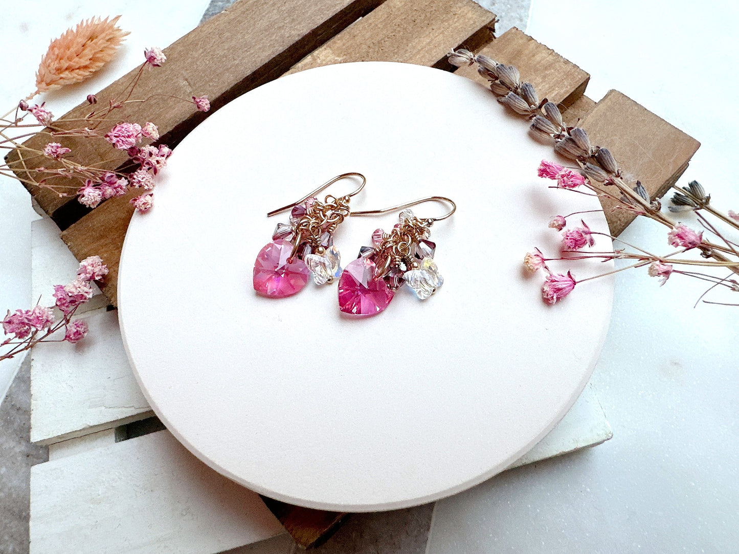 Rose AB Heart Crystal Cluster Earrings