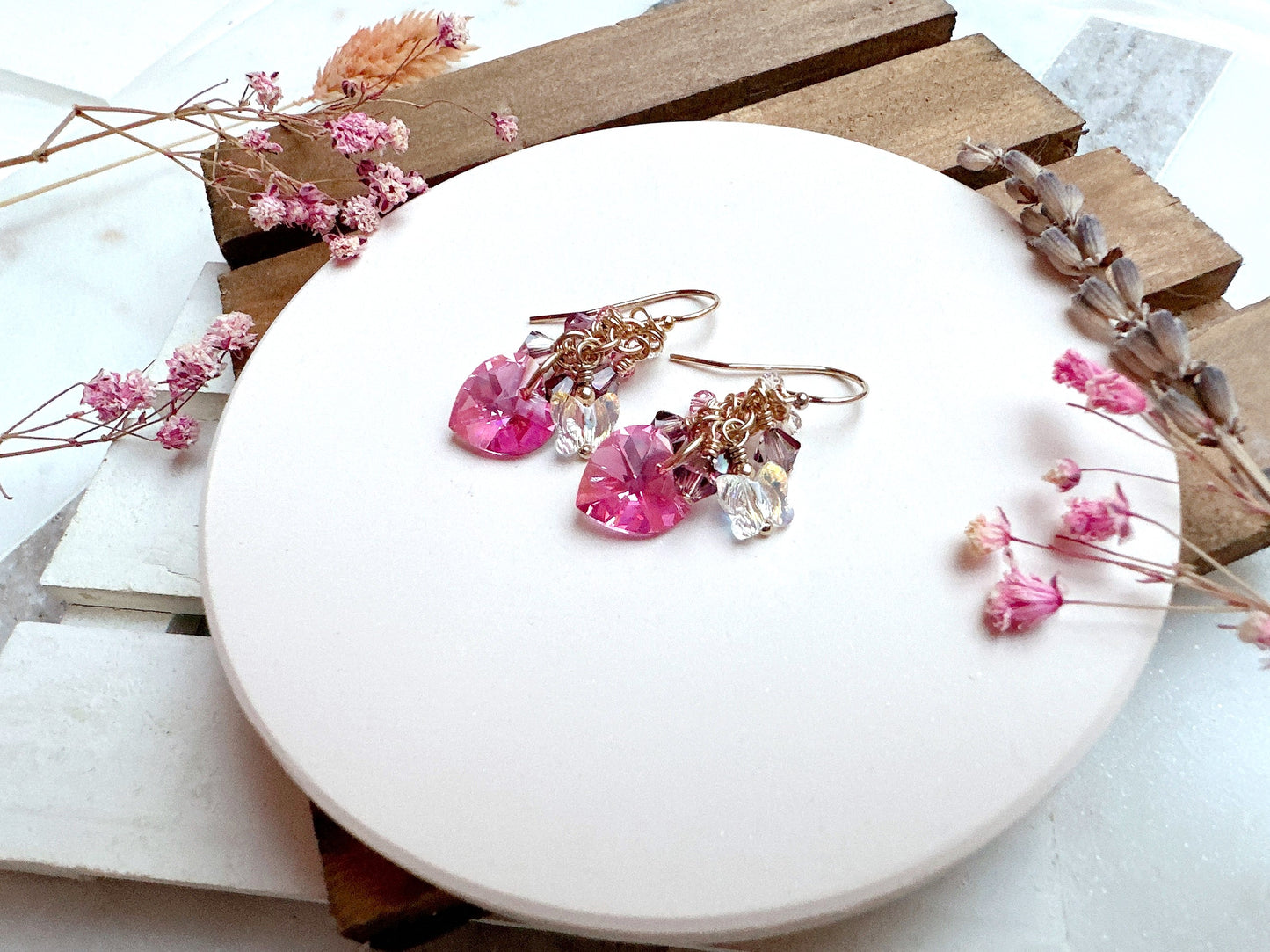 Rose AB Heart Crystal Cluster Earrings