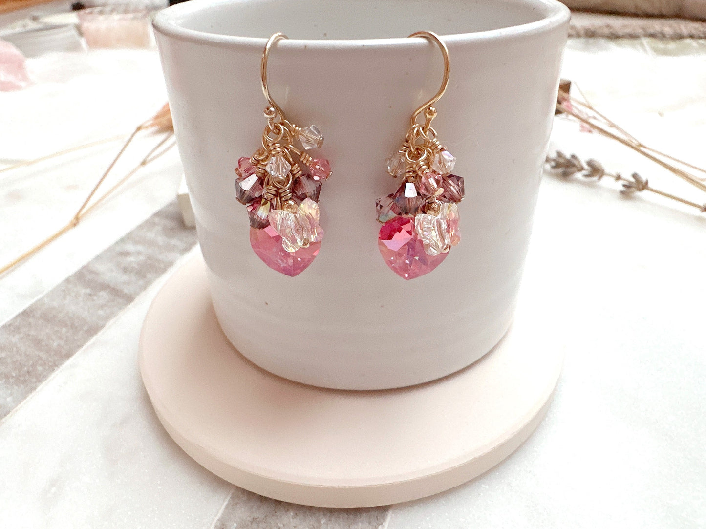 Rose AB Heart Crystal Cluster Earrings