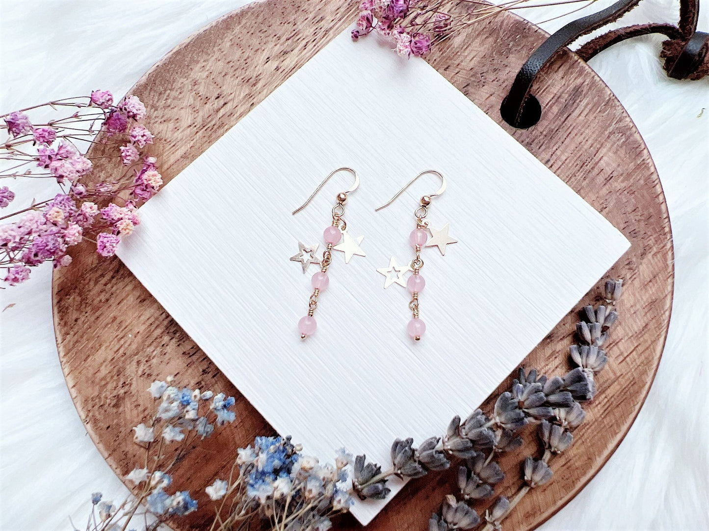 Rose Quartz and Star Charms Earrings