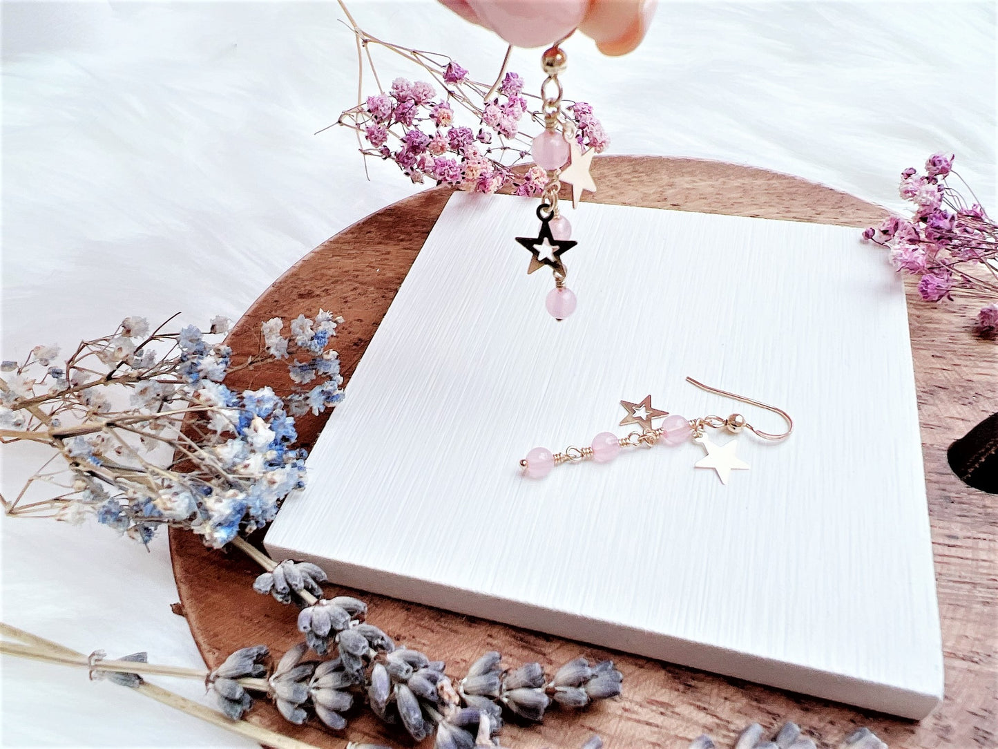 Rose Quartz and Star Charms Earrings