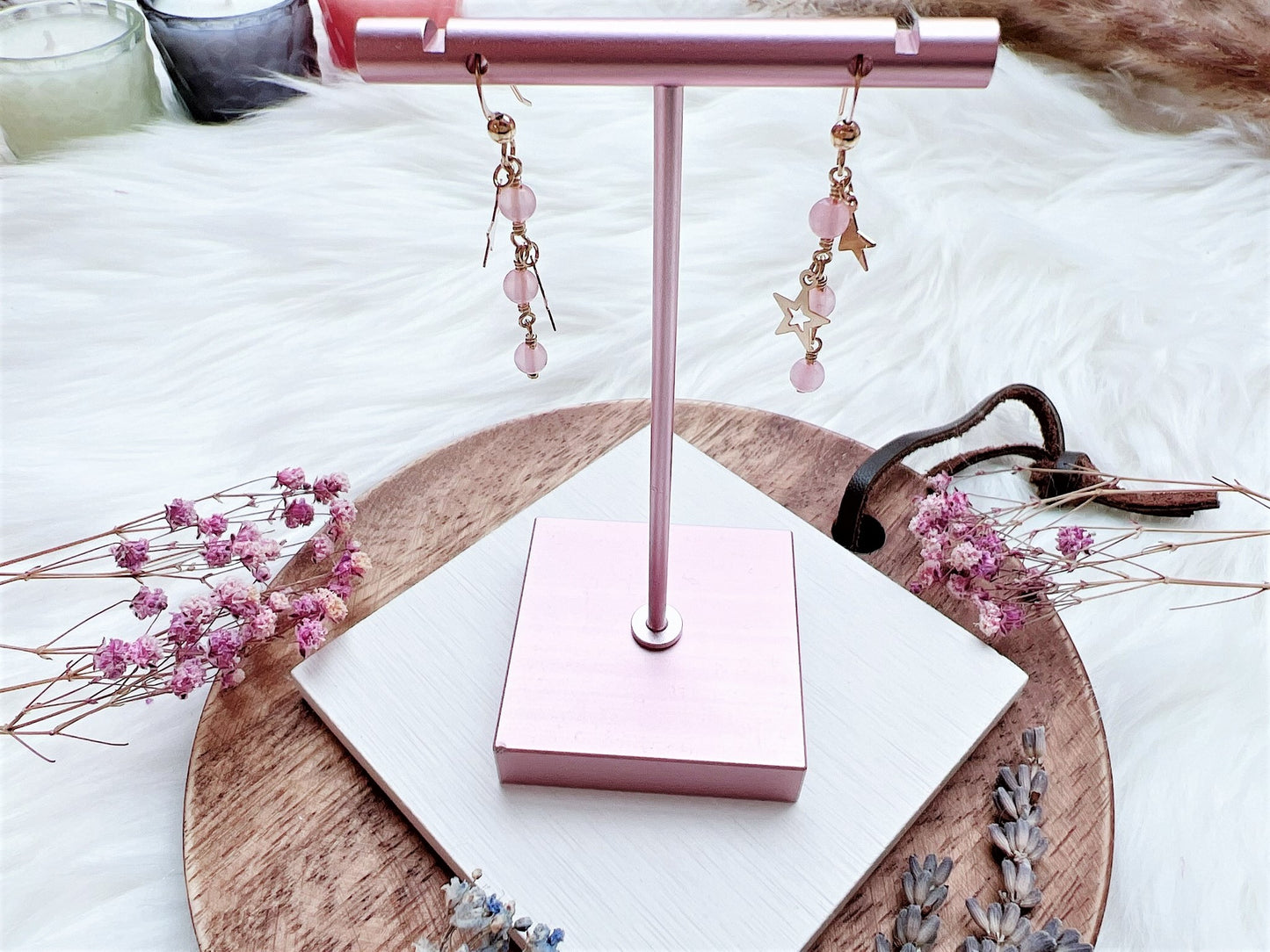 Rose Quartz and Star Charms Earrings