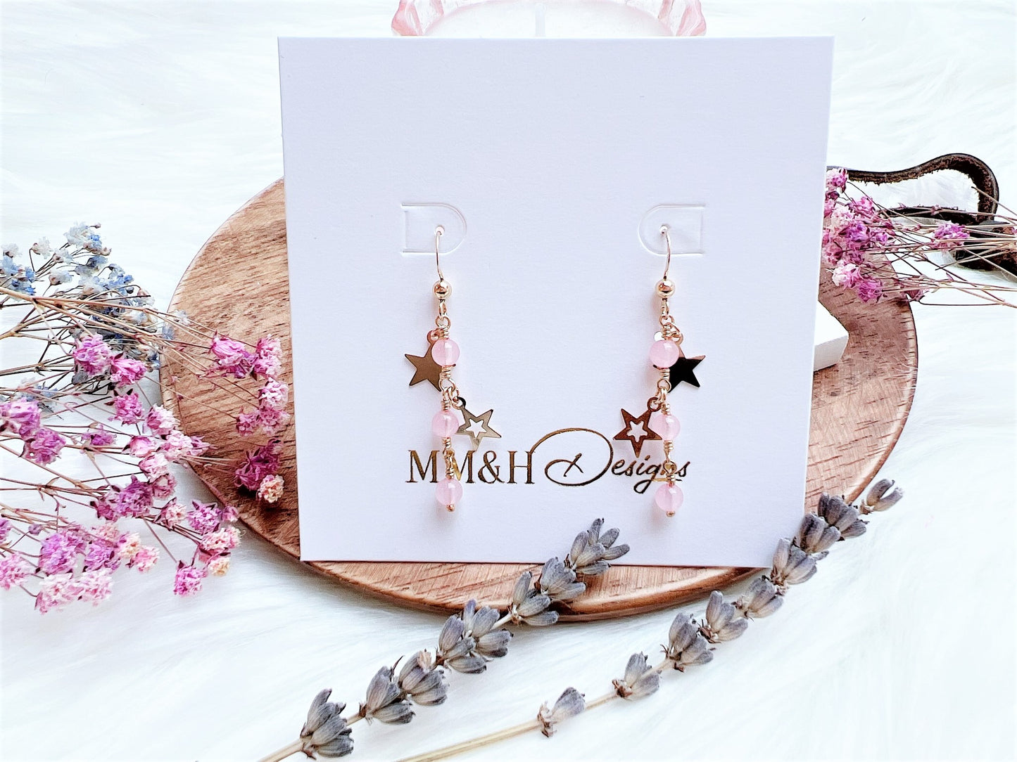 Rose Quartz and Star Charms Earrings