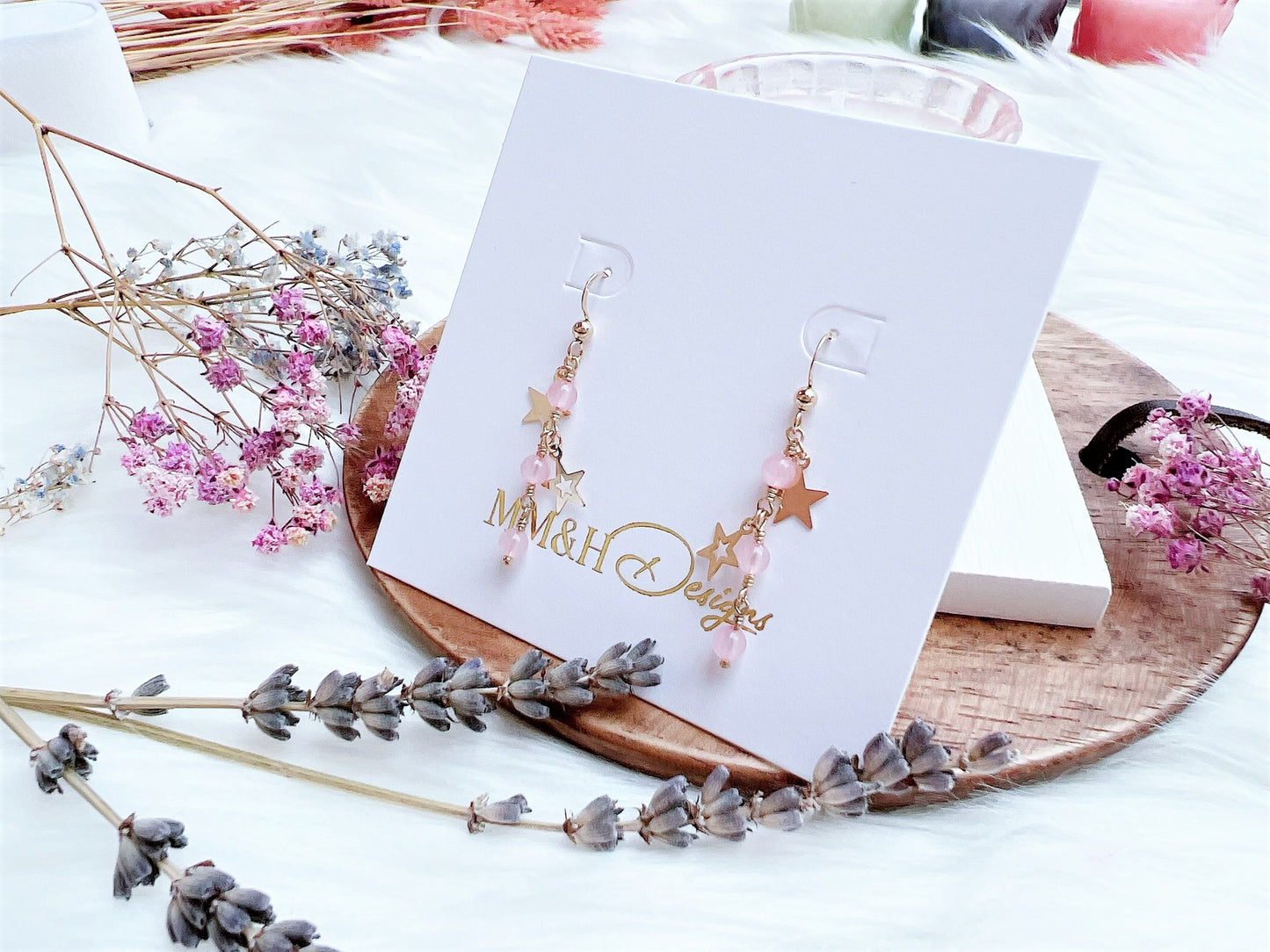 Rose Quartz and Star Charms Earrings