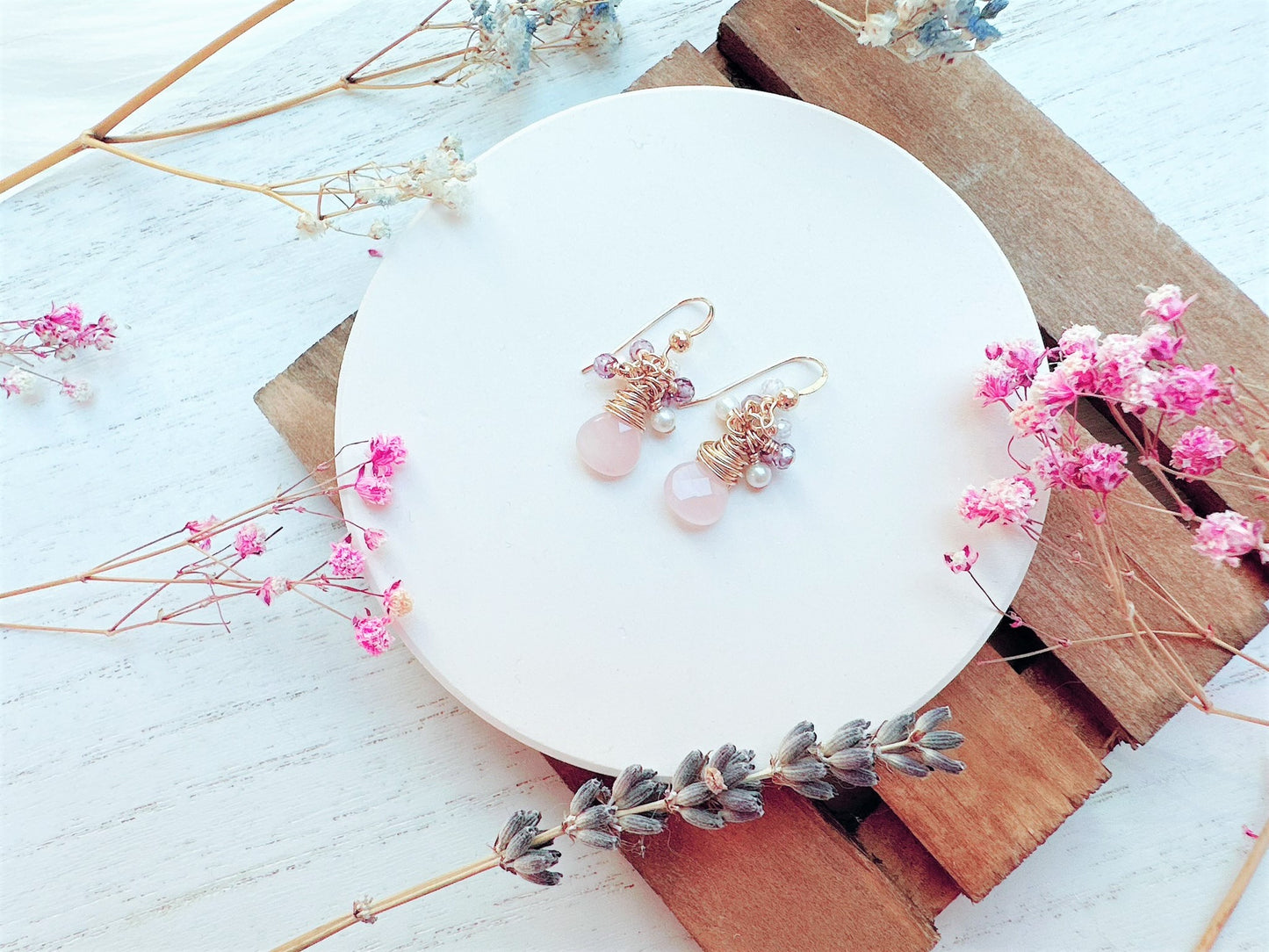 Rose Quartz and Gemstone Cluster Earrings