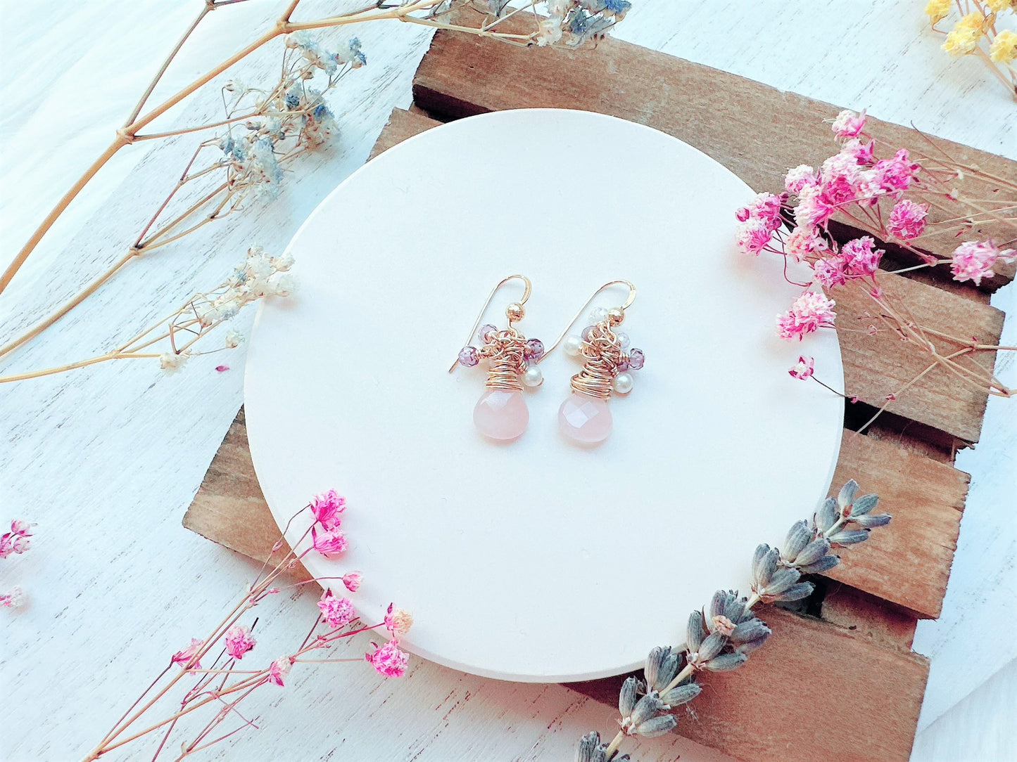 Rose Quartz and Gemstone Cluster Earrings