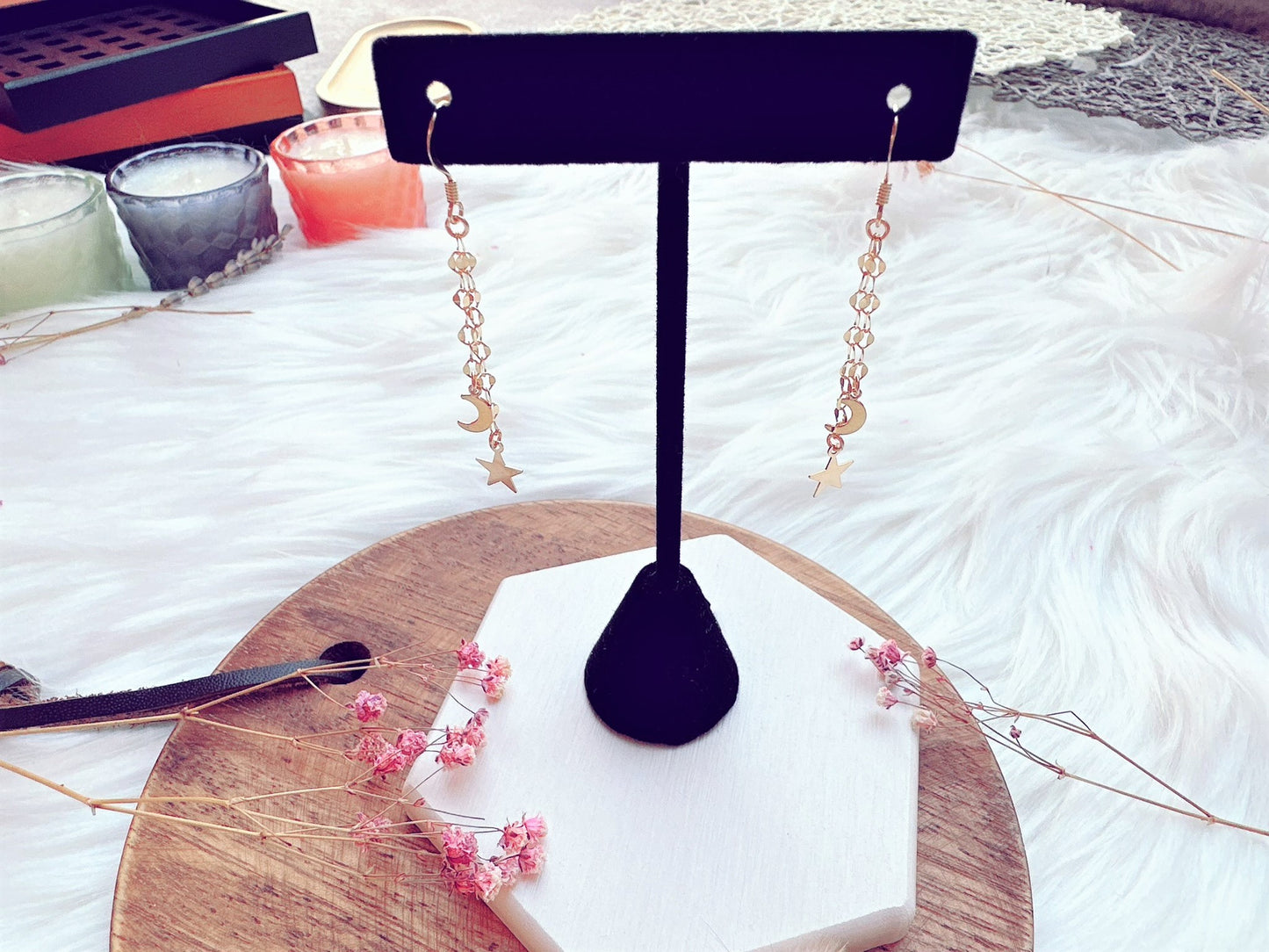 Chain Drop Earrings with Moon and Star Charms
