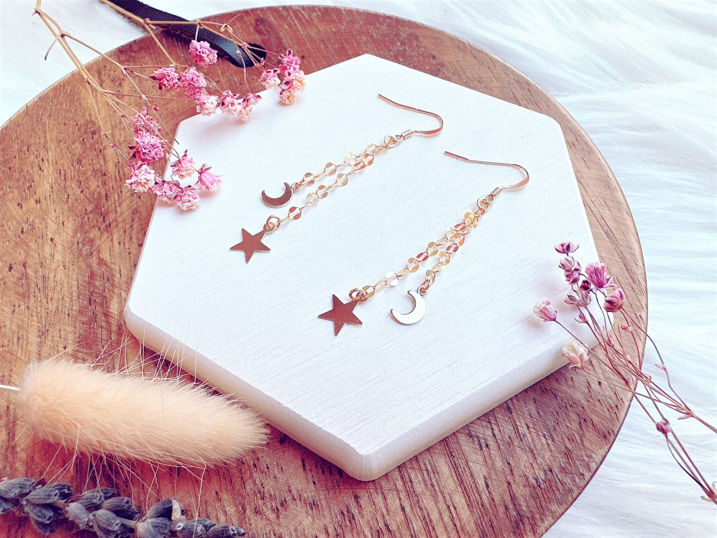 Chain Drop Earrings with Moon and Star Charms