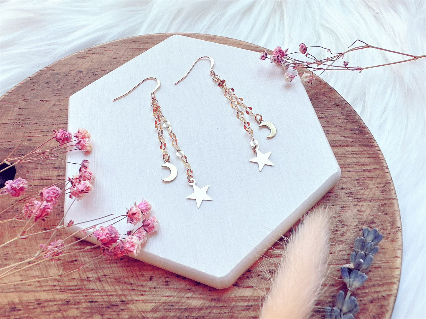 Chain Drop Earrings with Moon and Star Charms