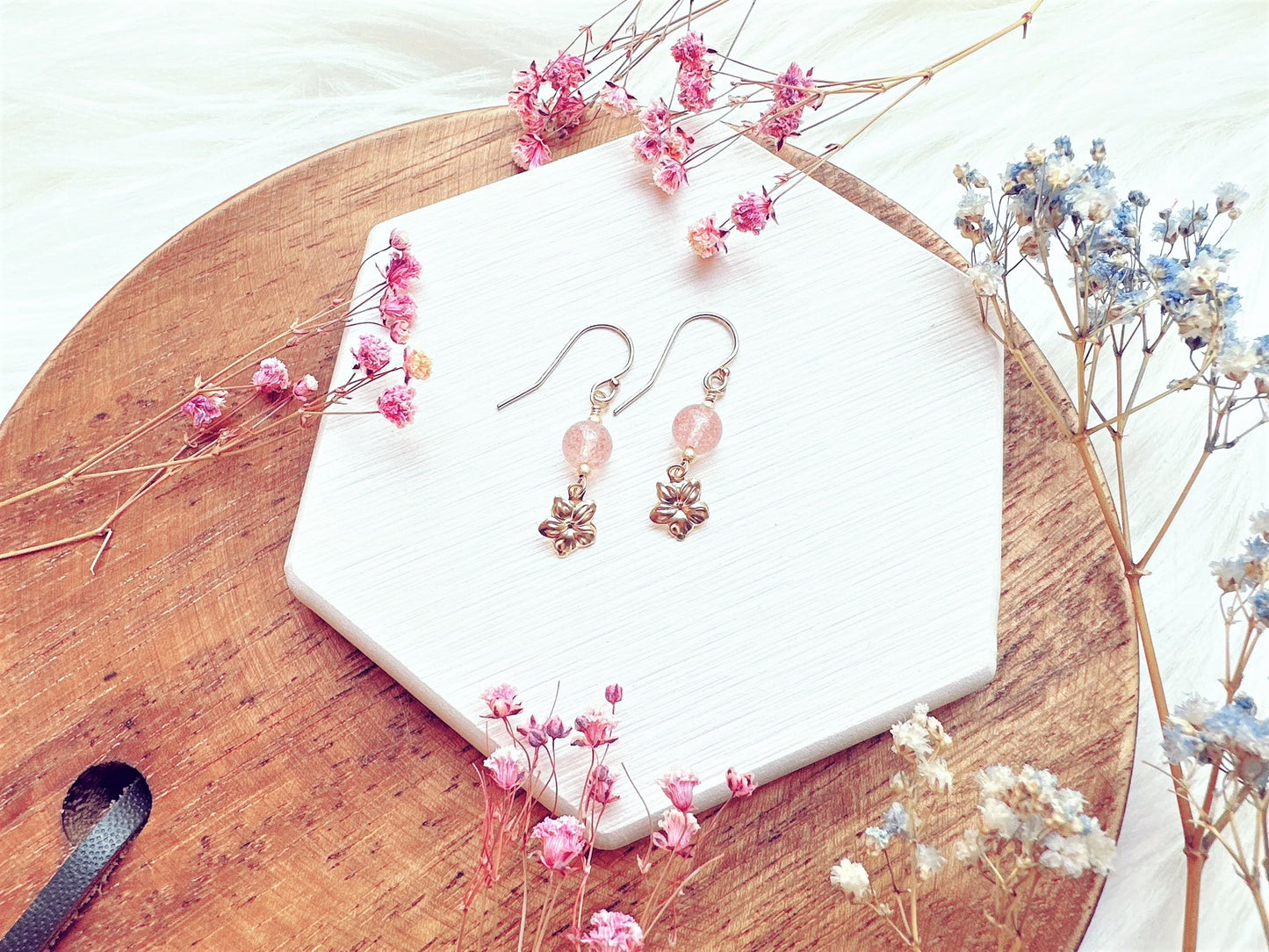 Strawberry Quartz with Flower Charm Earrings