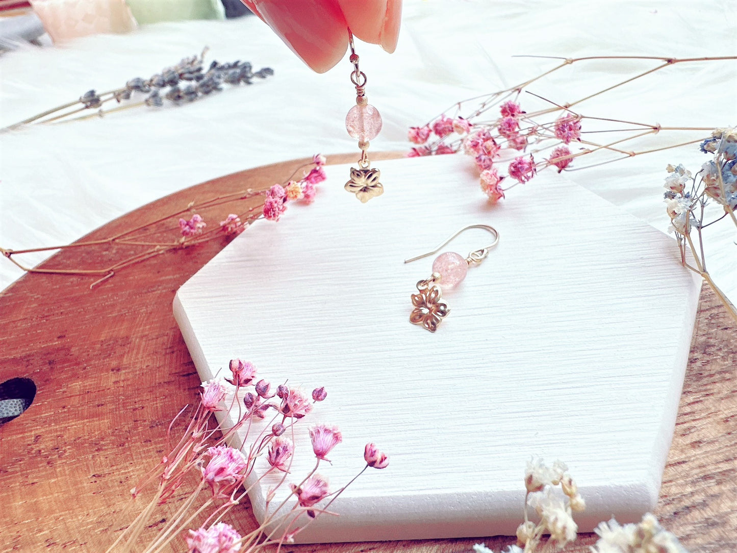 Strawberry Quartz with Flower Charm Earrings