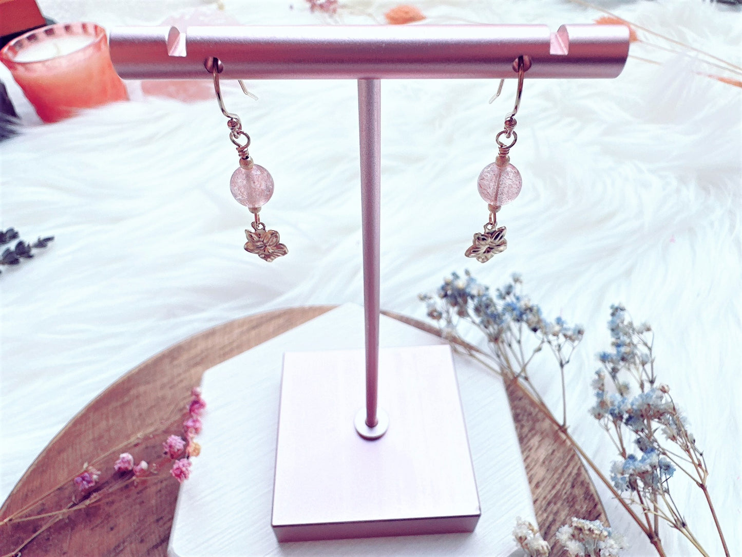 Strawberry Quartz with Flower Charm Earrings