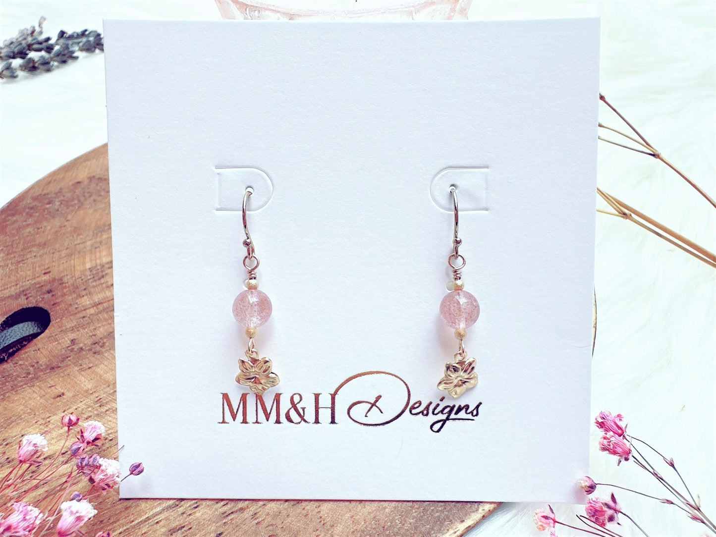 Strawberry Quartz with Flower Charm Earrings
