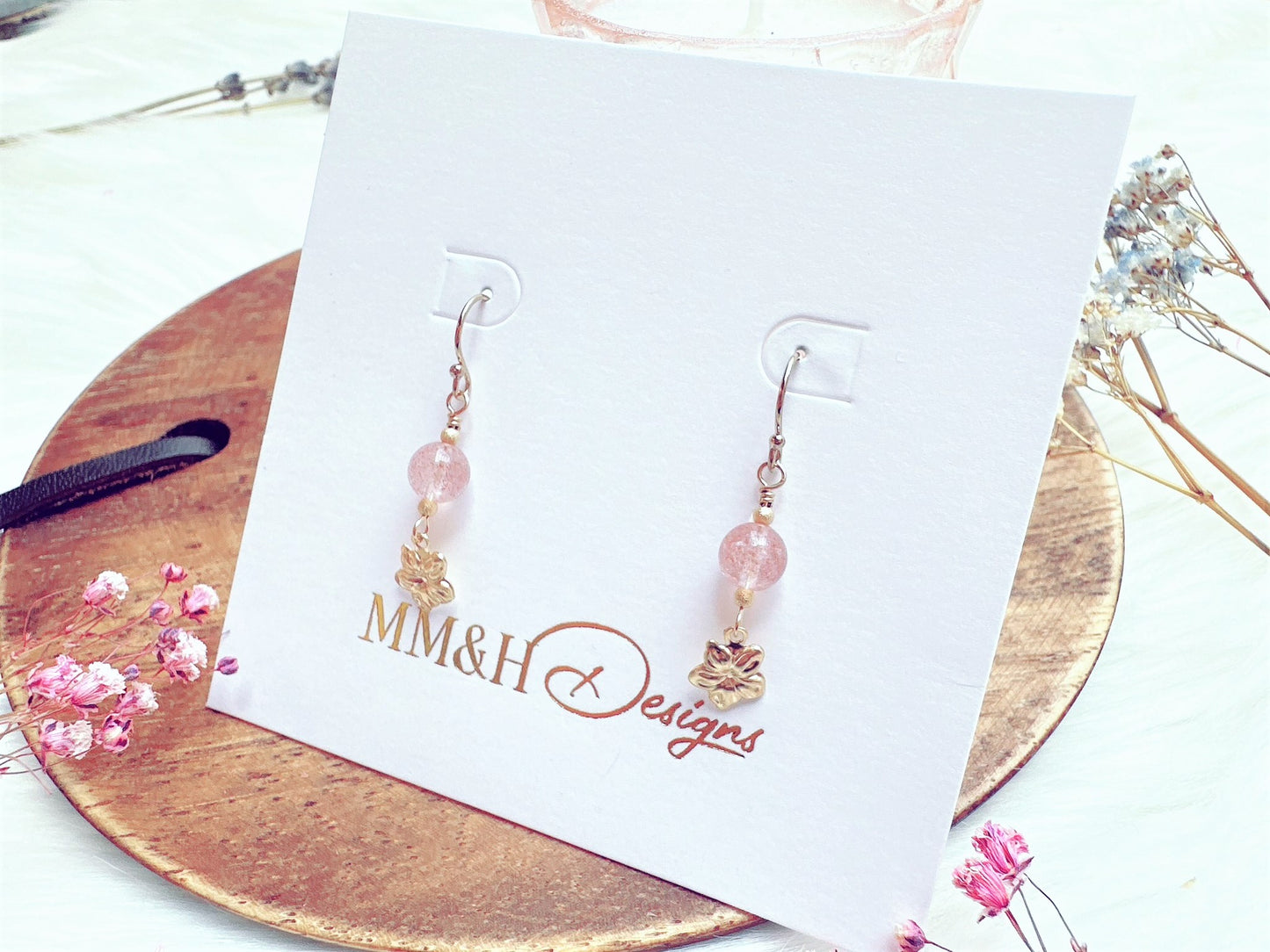 Strawberry Quartz with Flower Charm Earrings
