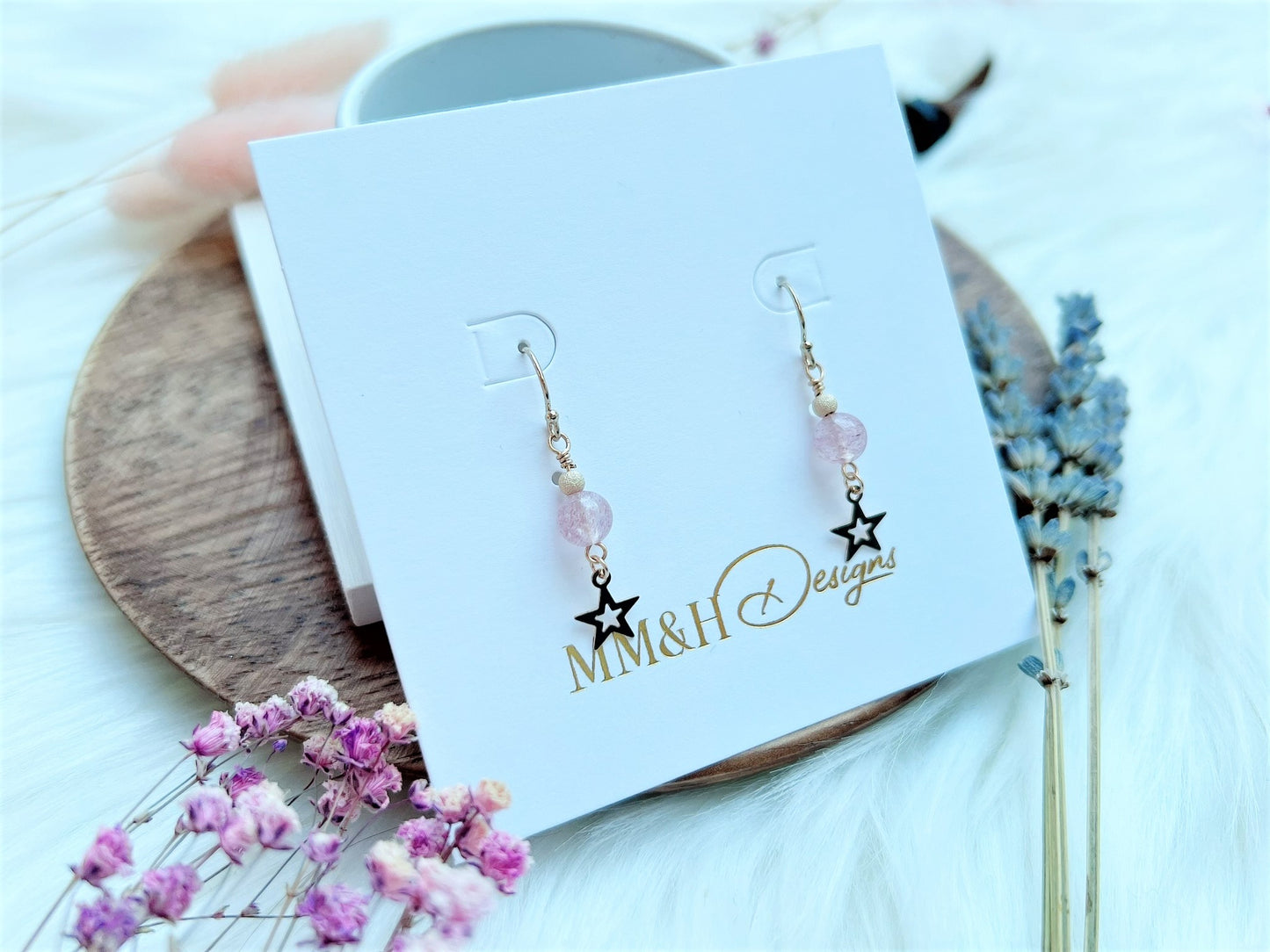 Strawberry Quartz Earrings with Star Charm