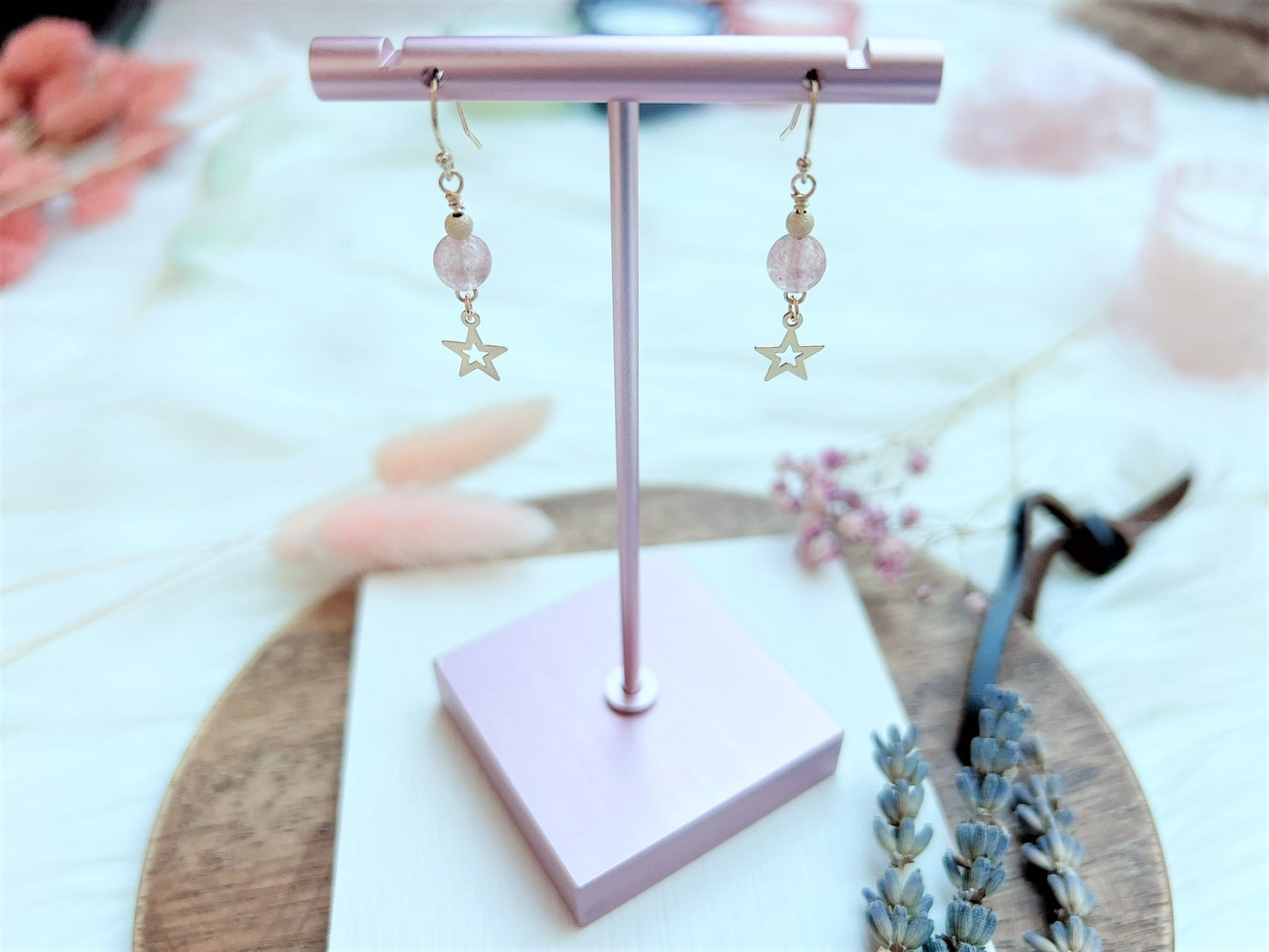 Strawberry Quartz Earrings with Star Charm