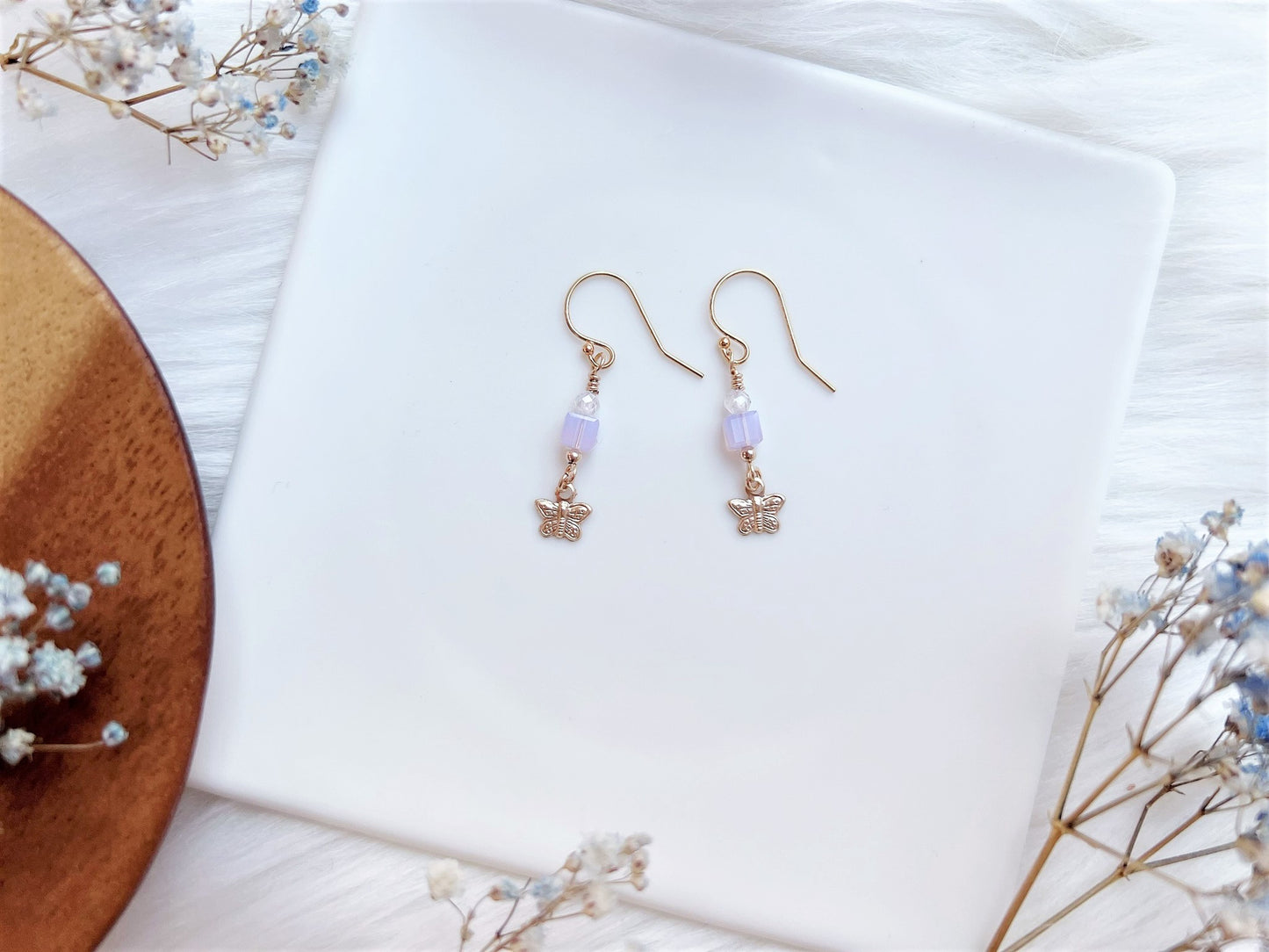 Crystal Cube Earrings with Butterfly Charm