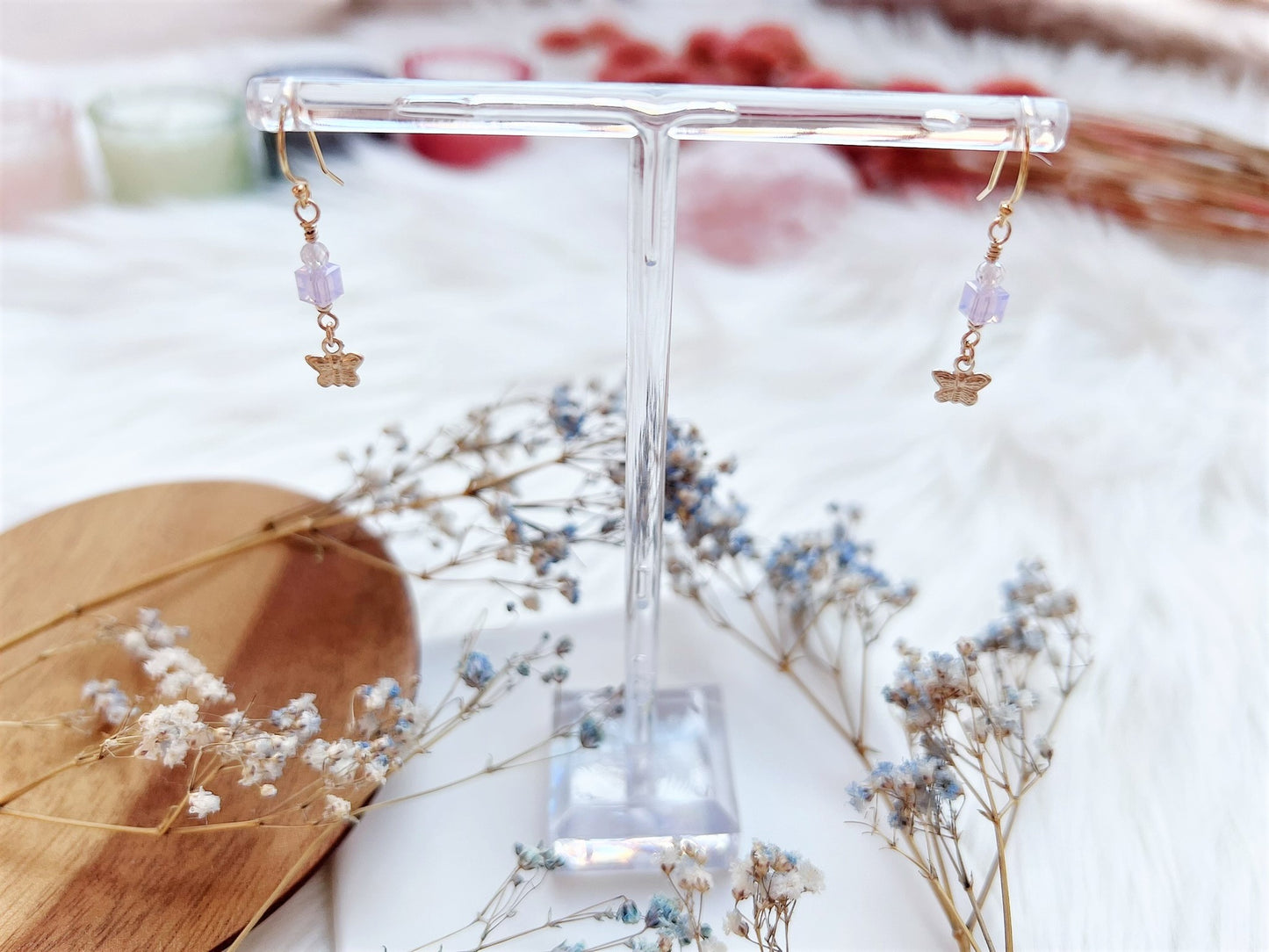 Crystal Cube Earrings with Butterfly Charm