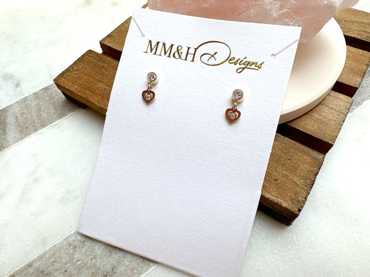 Gold Cubic Zirconia Stud Earrings with Mini Heart Charm