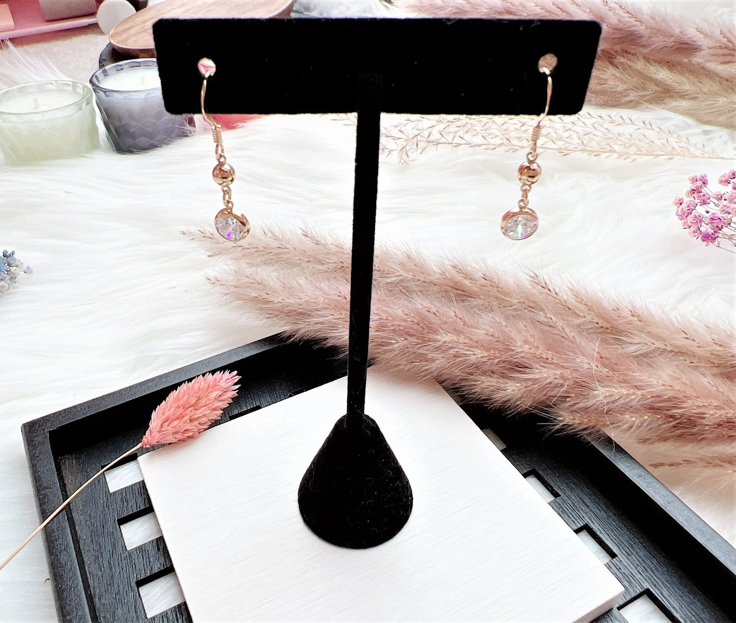 Clear Cubic Zirconia and Gold Bead Earrings