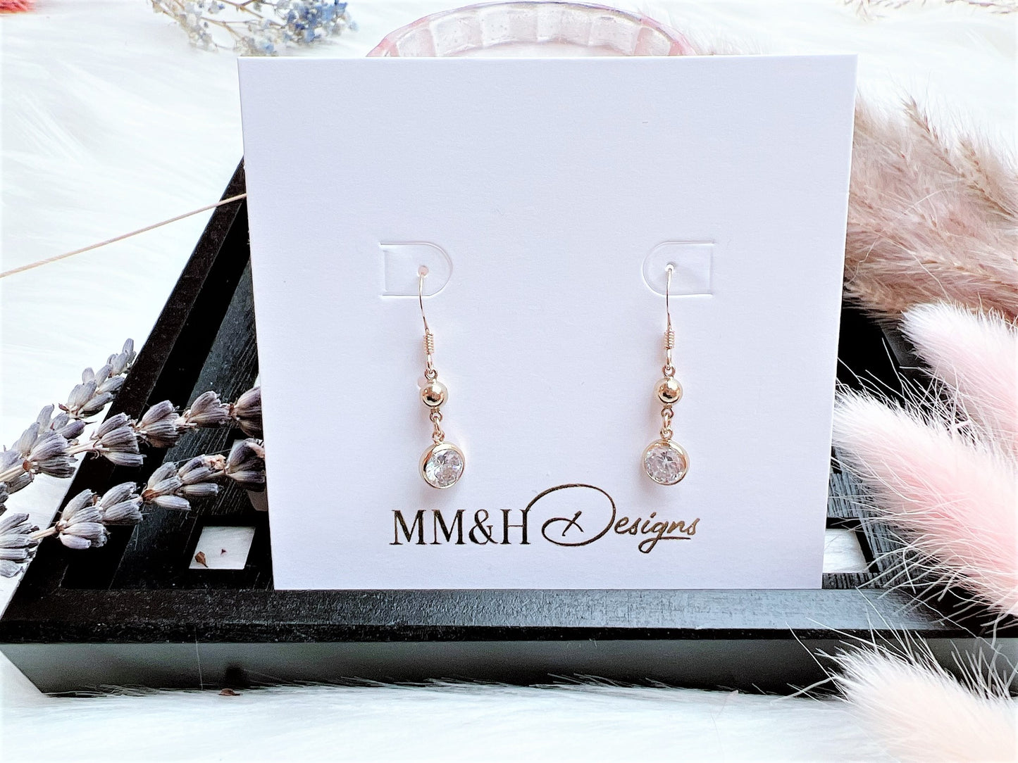 Clear Cubic Zirconia and Gold Bead Earrings