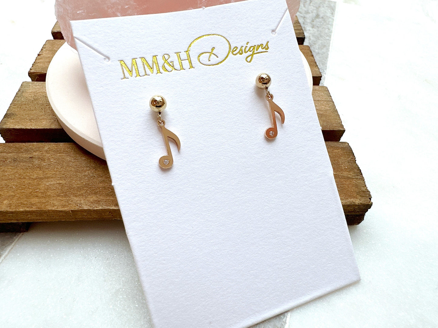Gold Stud Earrings with Musical Note Charm