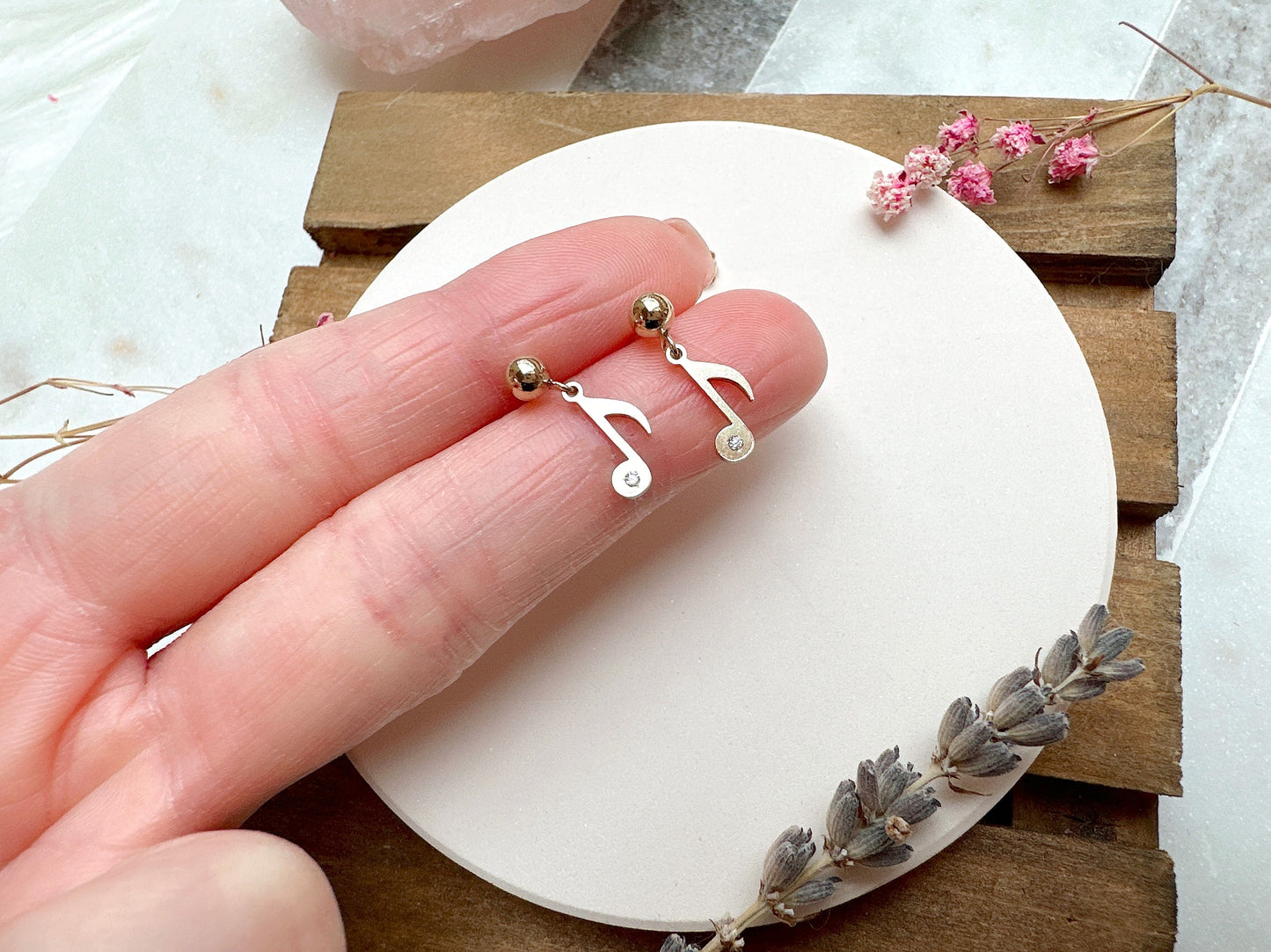 Gold Stud Earrings with Musical Note Charm